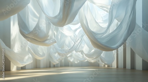 Elegant white fabric drapes flowing gracefully in a sunlit spacious interior gallery. Generative AI