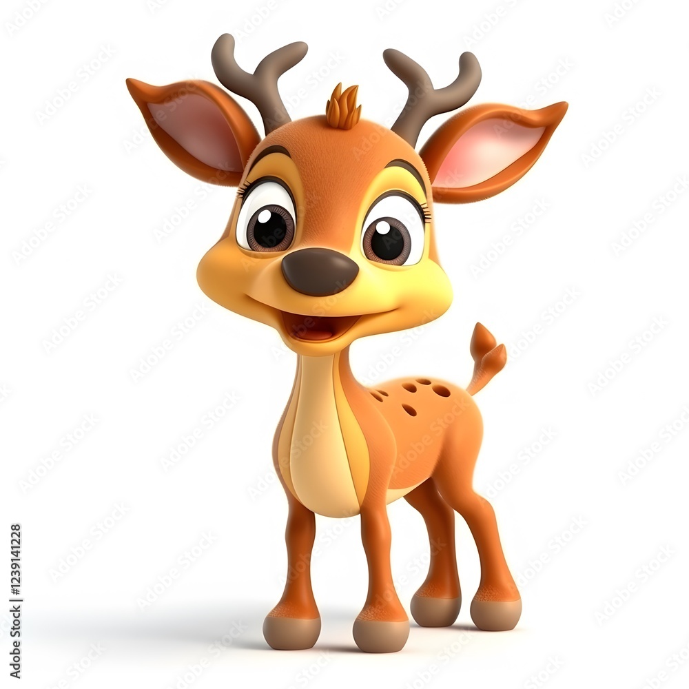 Cute cartoon fawn, standing, white background, joyful expression, children's book illustration Cute cartoon fawn, standing, white background, joyful expression, children's book illustration