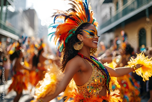 Joyful brazilian woman celebrating in vibrant carnival costume on city street, Mardi Gras photo