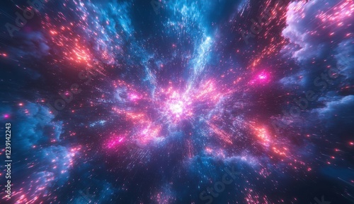 Stunning Cosmic Explosion in Vibrant Colors Capturing the Essence of Starry Universe with Bright Sparks and Ethereal Clouds in Deep Space