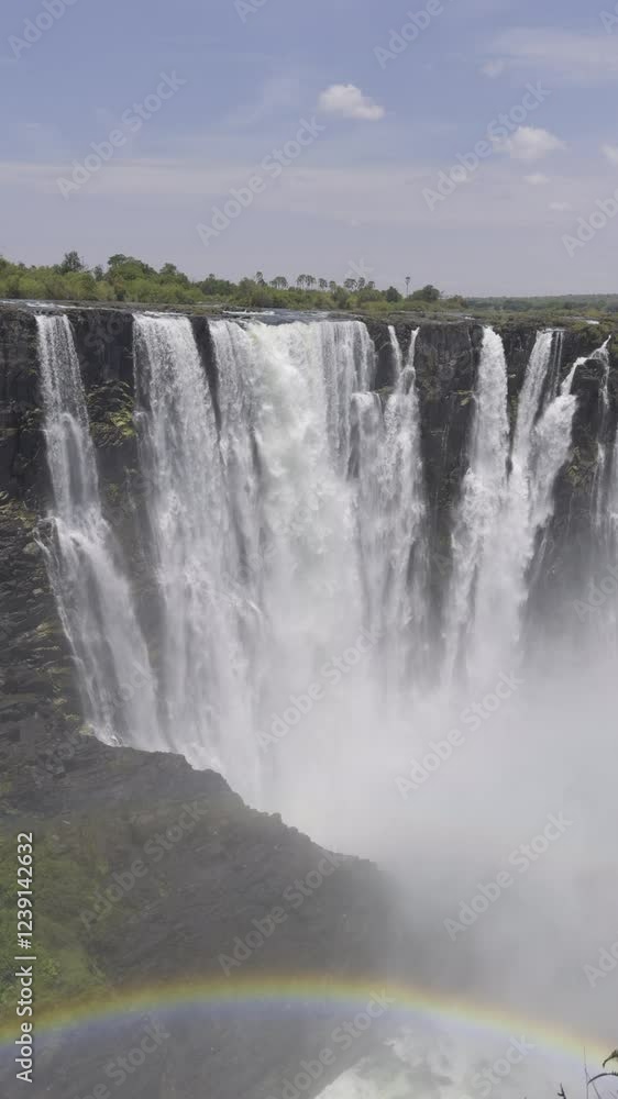 Waterfalls cascading over cliffs at Victoria Falls in Zimbabwe, showing powerful flow Waterfalls cascading over cliffs at Victoria Falls in Zimbabwe, showing powerful flow