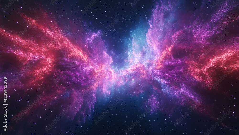 Obraz premium Stunning cosmic nebula in vibrant colors featuring pink, purple, and blue hues with a starry backdrop, showcasing the beauty of deep space and astronomy.