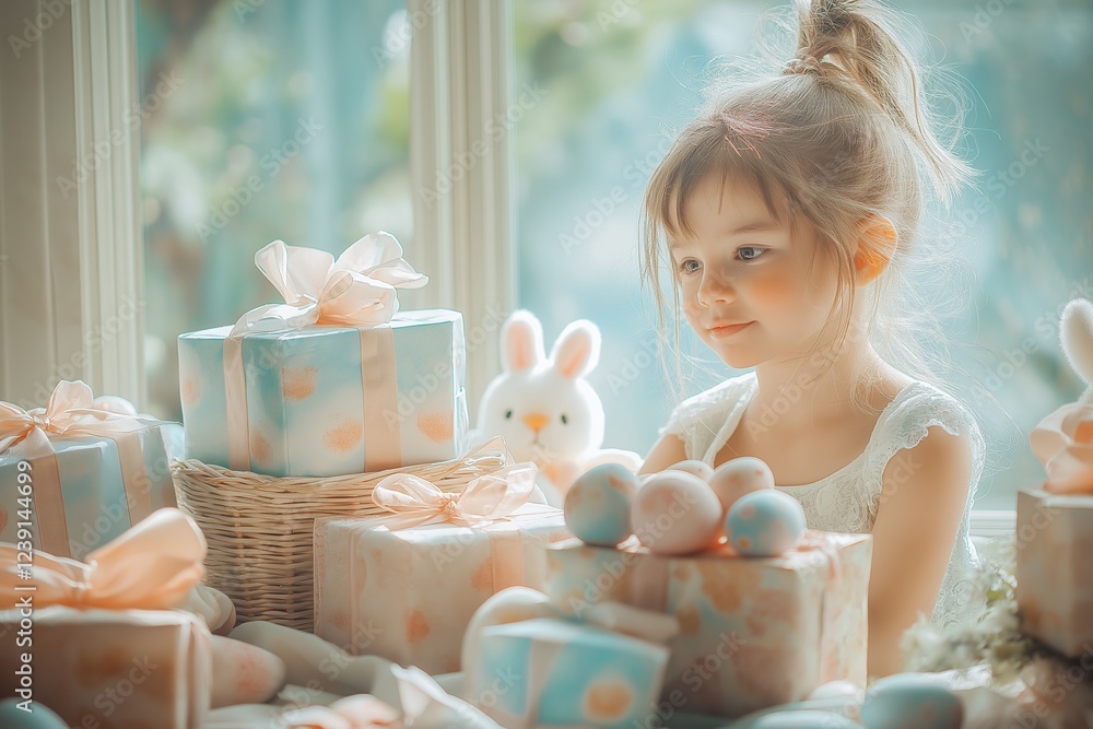 Children opening Easter gifts, surrounded by colorful wrapped presents and playful decorations. Concept focuses on children opening Easter gifts, celebrating joy and excitement. Children opening Easter gifts, surrounded by colorful wrapped presents and playful decorations. Concept focuses on children opening Easter gifts, celebrating joy and excitement.