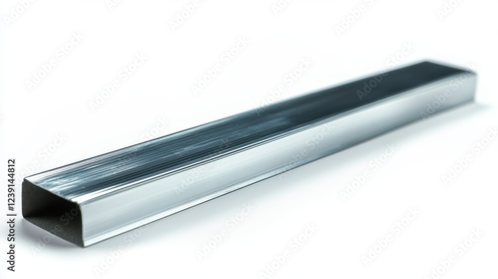 Rectangular metal beam close-up on white background with reflective surface Rectangular metal beam close-up on white background with reflective surface