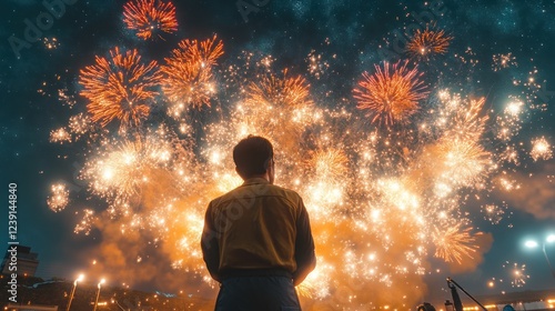 Spectacular fireworks display lights up the night sky as onlooker enjoys the celebration in the city. Generative AI