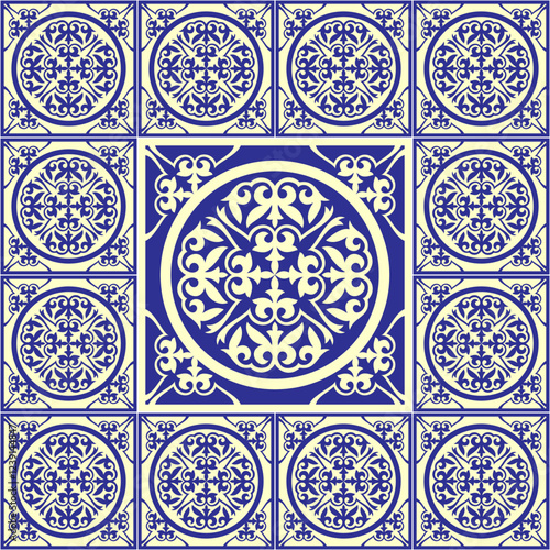 Mediterranean Amalfi Coast pattern. Seamless pattern with azulejo tiles. Portuguese, Sicilian, Spanish tile traditional design. For wrapping paper, wallpaper, fabric, textile. Concept of kitchen style