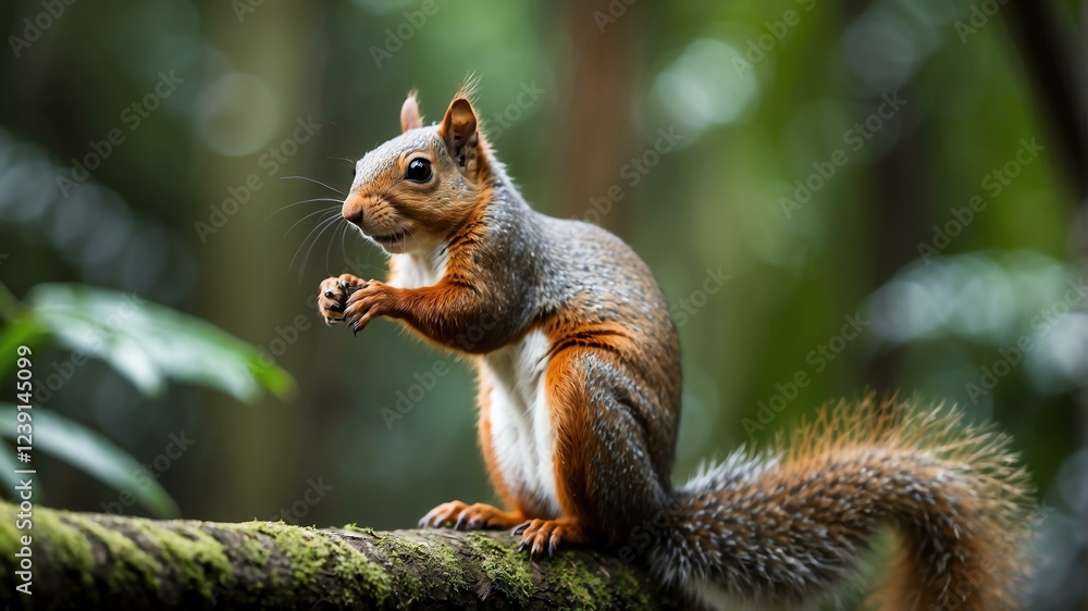 closeup of a squirrel on a rainforest background closeup of a squirrel on a rainforest background
