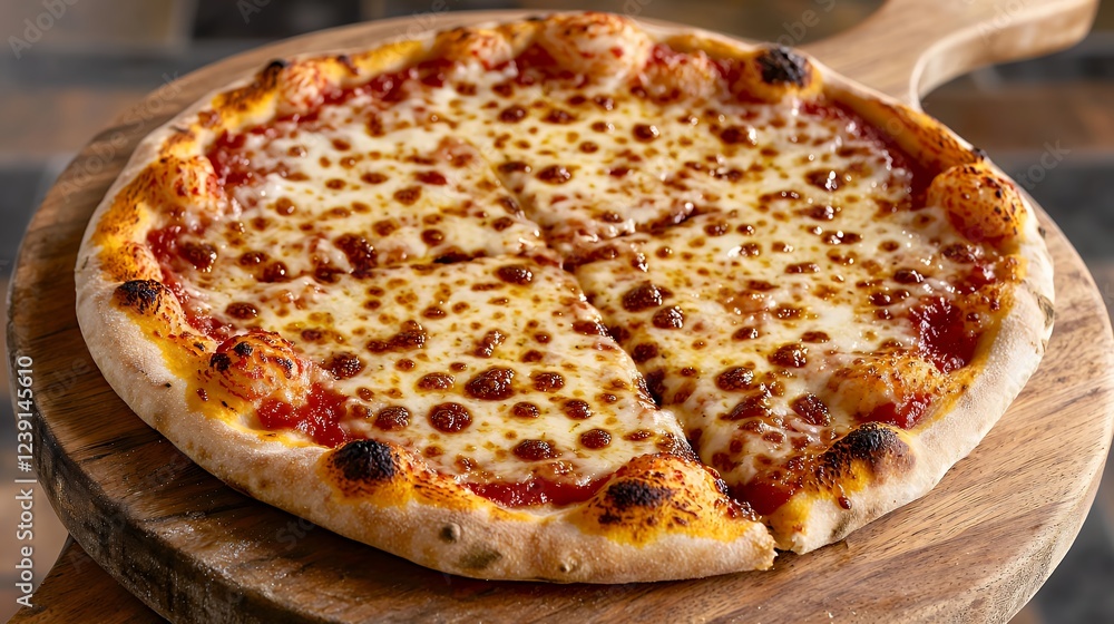 Delicious cheese pizza on wooden board, restaurant setting Delicious cheese pizza on wooden board, restaurant setting
