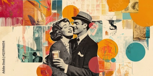 Romantic Couple Embraces Amidst Vintage Collage Artwork photo