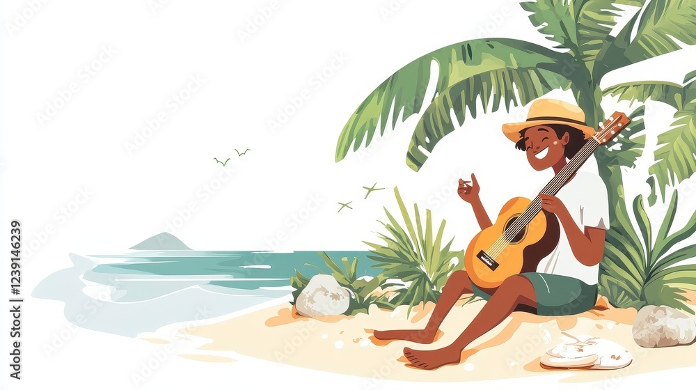 Happy musician playing guitar on tropical beach with palm trees Happy musician playing guitar on tropical beach with palm trees