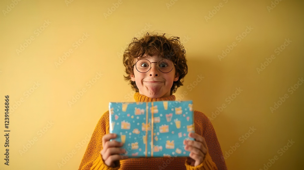 Joyful Boy Unwraps Birthday Gift with Excitement on His Face in Bright, Cheerful Setting Joyful Boy Unwraps Birthday Gift with Excitement on His Face in Bright, Cheerful Setting