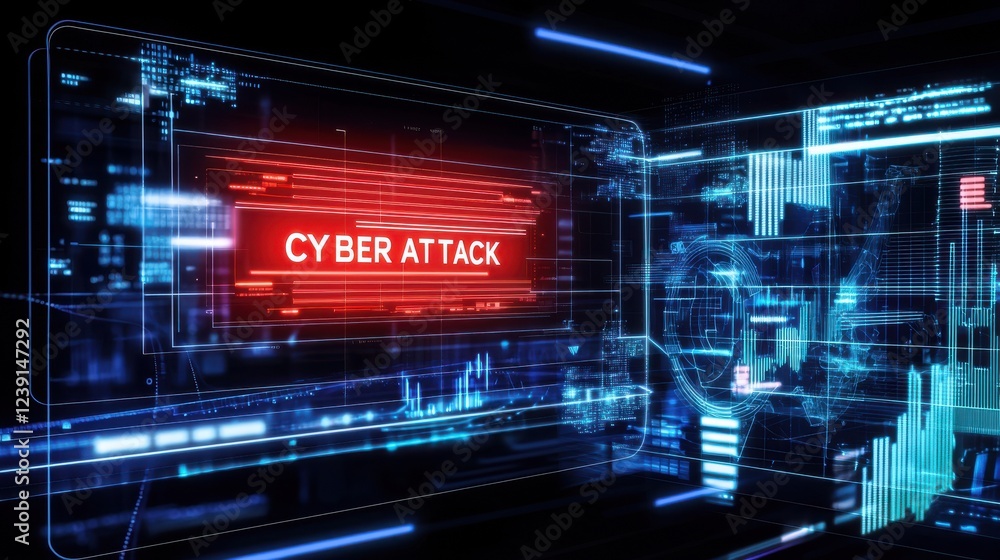 Digital interface displaying a warning about a cyber attack with data visualizations in a futuristic setting. Digital interface displaying a warning about a cyber attack with data visualizations in a futuristic setting.