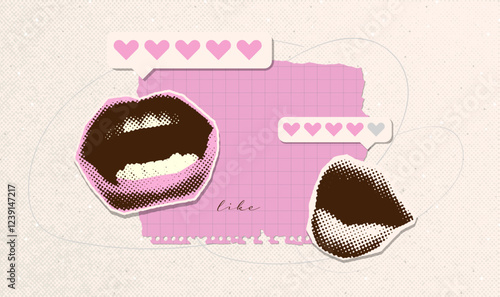 Halftone collage of mouth with feedback and hearts review bar with paper texture. Rating, like comment icons design or Valentine's day banner. Vector vintage illustration