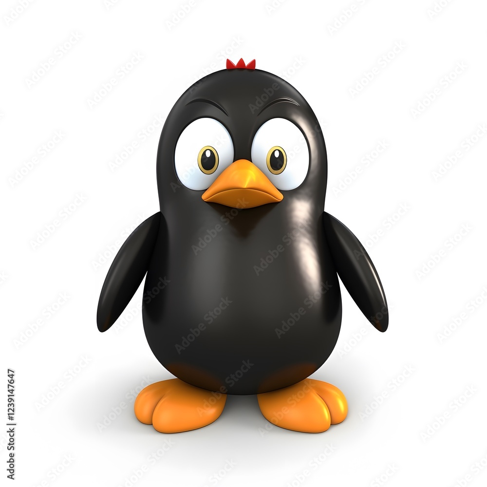 Fototapeta premium Grumpy cartoon penguin, white background, 3D render, children's book illustration