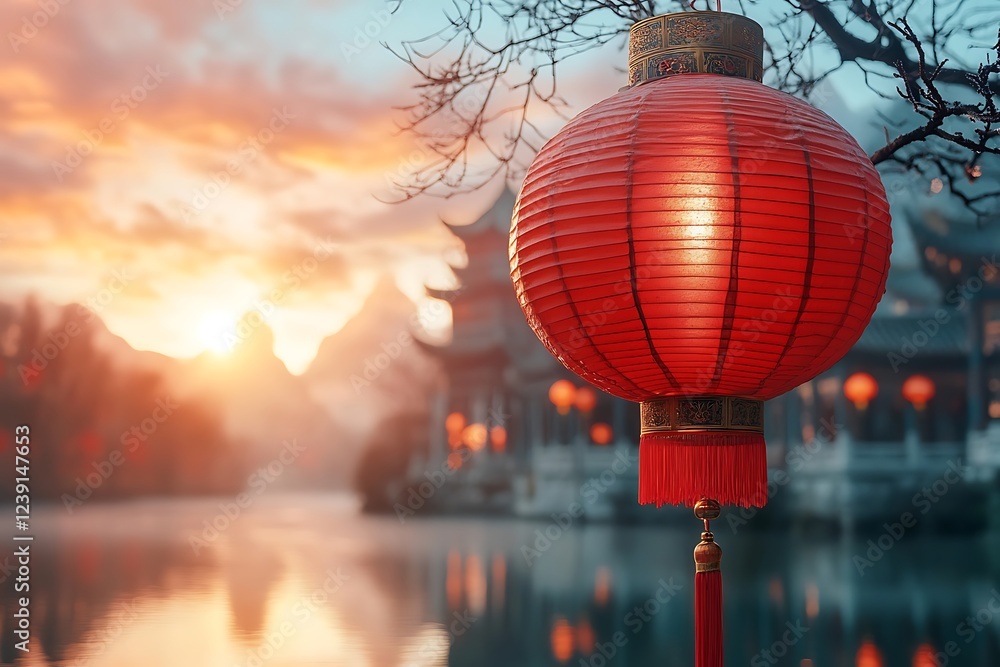 Obraz premium Red Lantern Hanging at Sunset Over Serene Asian Landscape