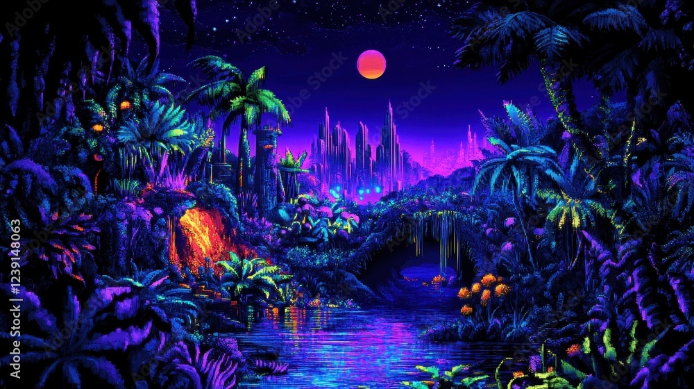 Neon Tropical Paradise Cityscape Under a Full Moon Neon Tropical Paradise Cityscape Under a Full Moon