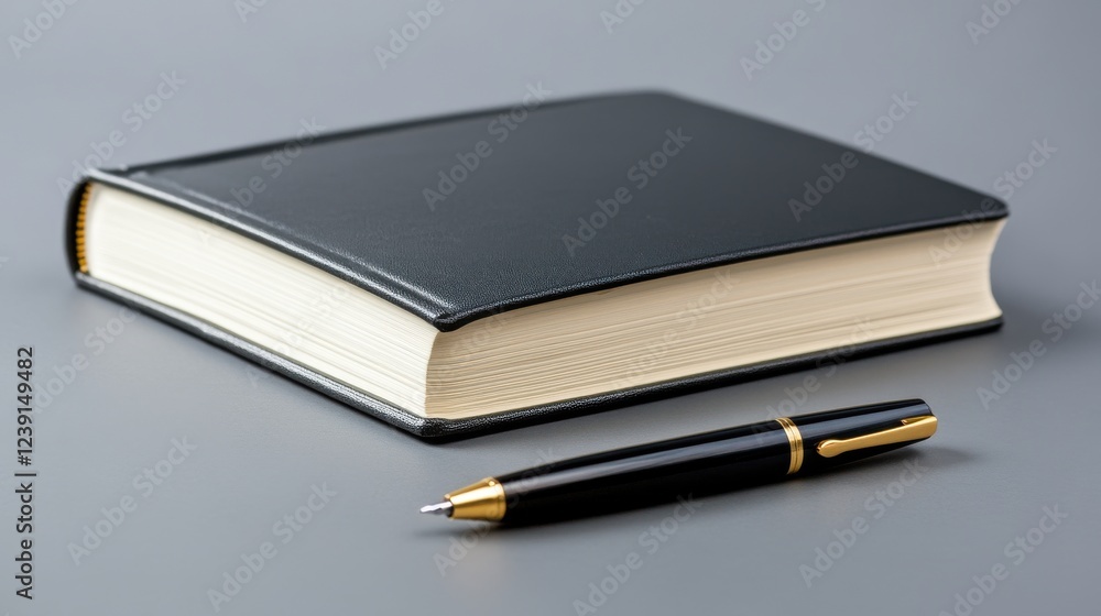 Black Notebook and Pen on Gray Background for Office Use Black Notebook and Pen on Gray Background for Office Use