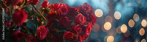Red Roses Heart Shape With Abstract Defocused Lights - Valentines Day Card. MZ