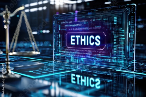 Digital representation of ethics with a scale symbolizing justice in a tech-inspired environment.