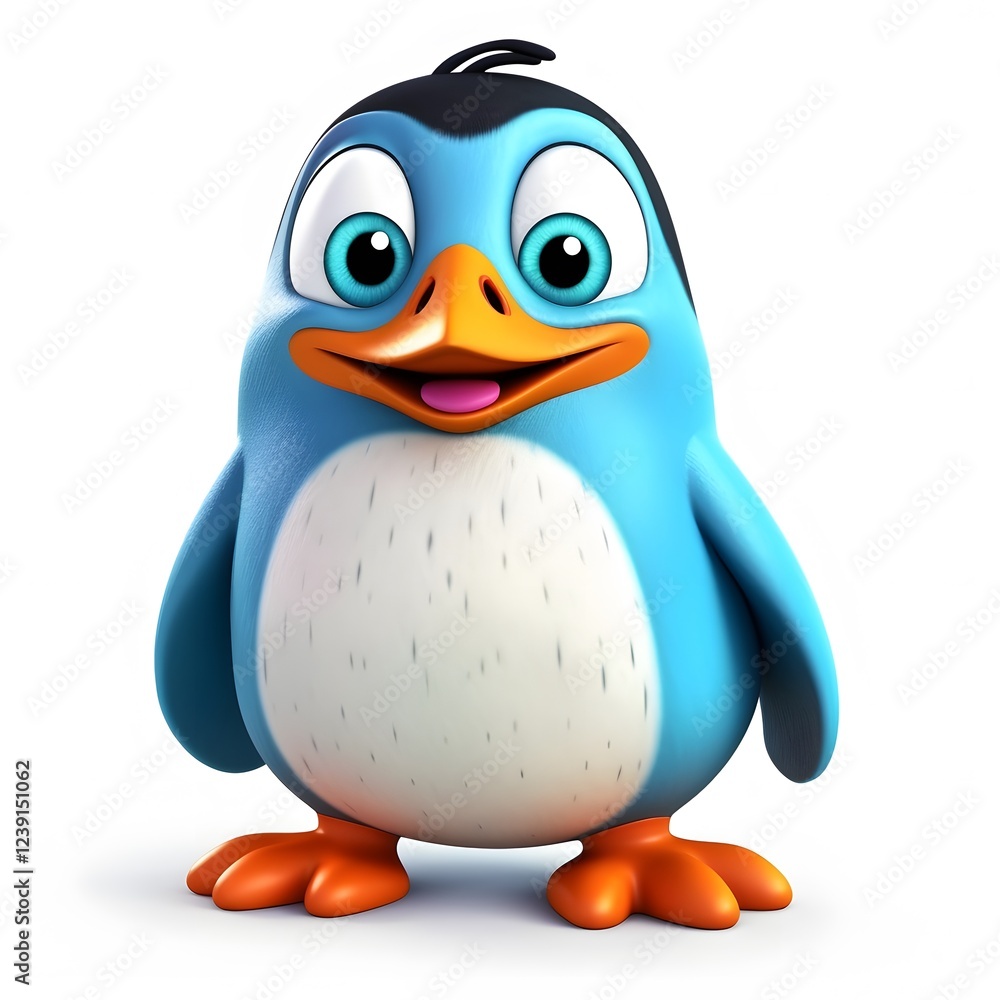 Fototapeta premium Happy cartoon penguin, digital rendering, white background, mascot design