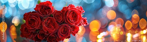 Red Roses Heart Shape With Abstract Defocused Lights - Valentines Day Card. MZ