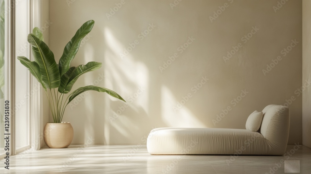 Minimalist sunlit room with modern cream sofa and large potted plant in corner Minimalist sunlit room with modern cream sofa and large potted plant in corner