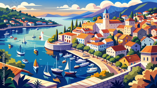 Aerial View of Hvar Town Harbour & Marina, Adriatic Coast, Croatia - Summer Landscape