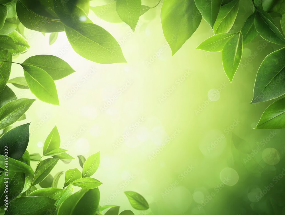 Bright green leaves framing sunlit background with bokeh effect Bright green leaves framing sunlit background with bokeh effect