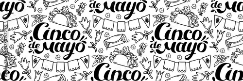 Mexico doodle pattern. Cinco de mayo celebration background. Mexican food taco, burritos and flags. Holiday hand drawn lettering. For wallpaper or fabric. Vector outline illustration.