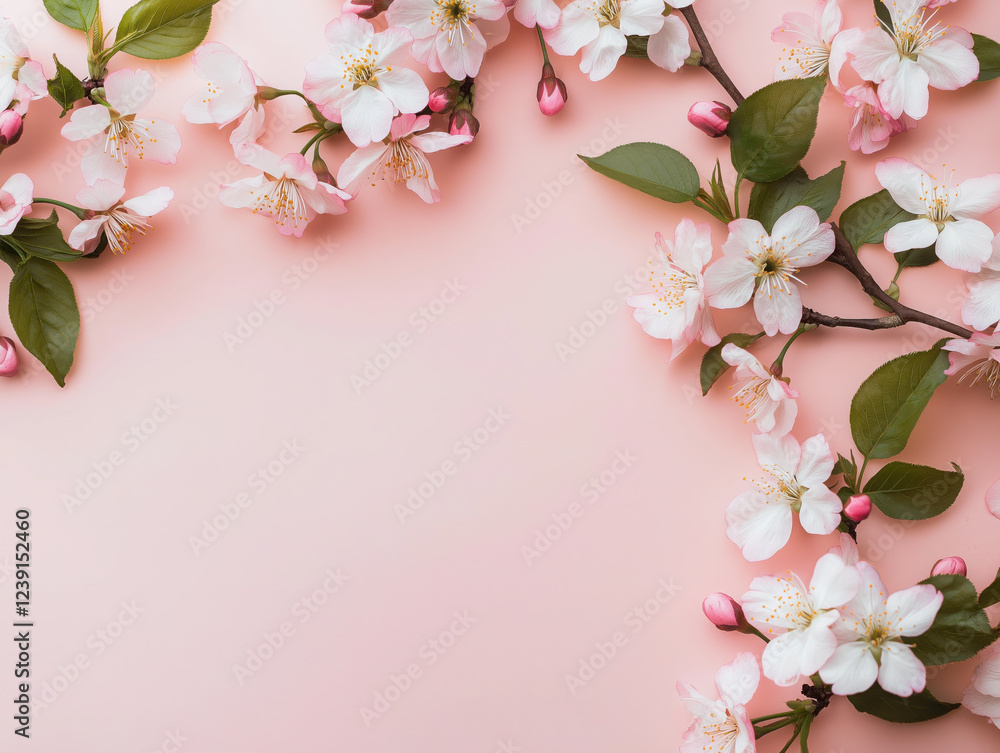 Obraz premium Blooming apple tree branches creating frame on pink background