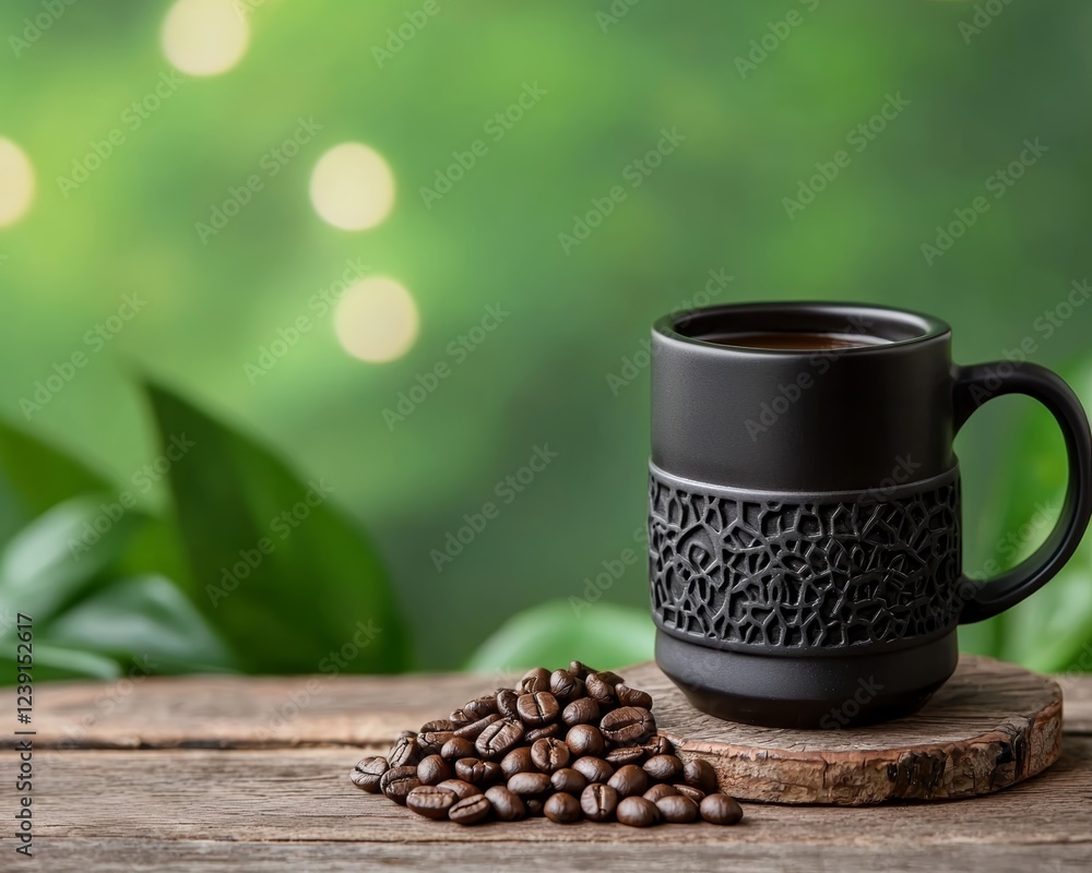A black coffee mug, perfectly brewed, sits on a wooden table with roasted beans, framed by glowing bokeh and a lush green backdrop for a soothing vibe. A black coffee mug, perfectly brewed, sits on a wooden table with roasted beans, framed by glowing bokeh and a lush green backdrop for a soothing vibe.