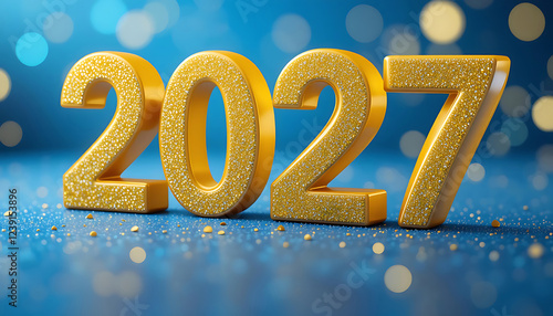 Happy New Year 2027 on blue background, yellow numbers 2027 , yellow 3d 2027 text. Idea for holiday greetings, banner, social media, flyer. New Year events, and festive designs. bokeh background.
