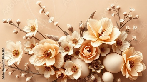 Floral arrangement with soft peach flowers on beige background
