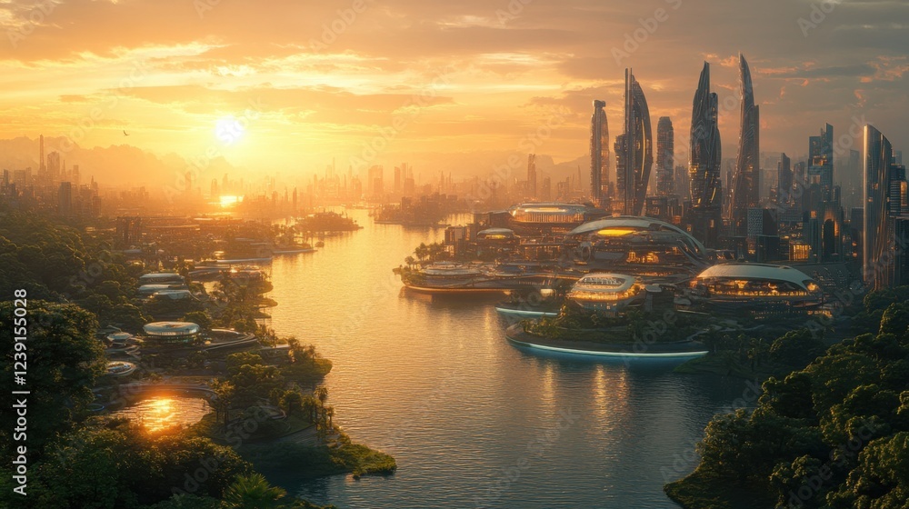 Fototapeta premium Futuristic cityscape at sunset with river and skyscrapers, scenic views, urban horizon