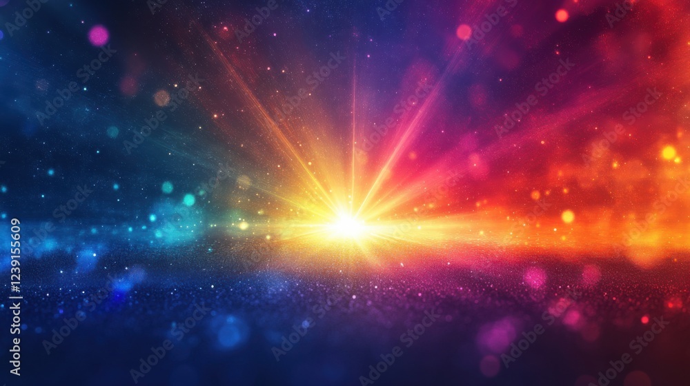 Vivid multicolored light burst radiating in a starry dark background with sparkling particles Vivid multicolored light burst radiating in a starry dark background with sparkling particles