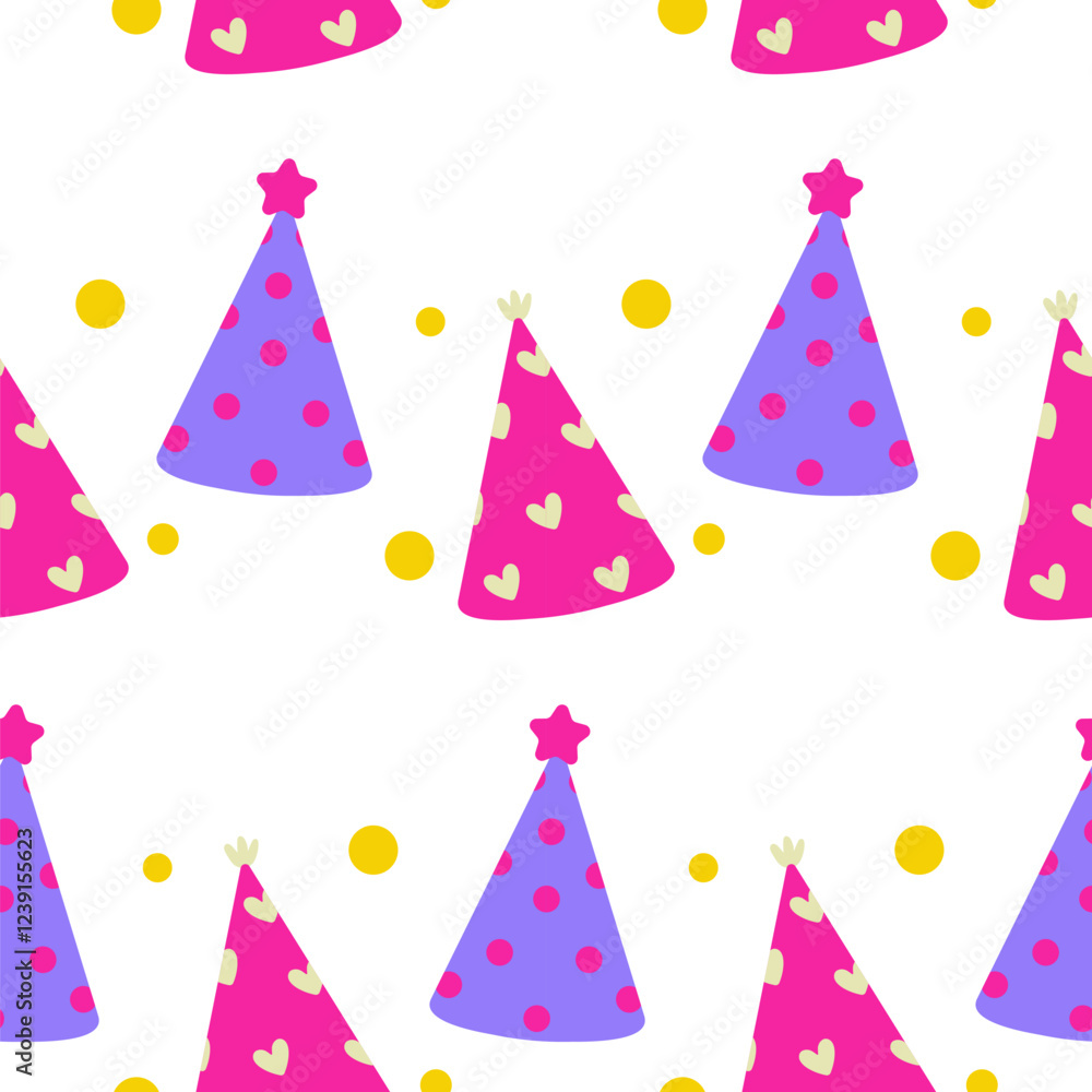 Colorful party hats and cheerful patterns on a white background for celebration decor Colorful party hats and cheerful patterns on a white background for celebration decor