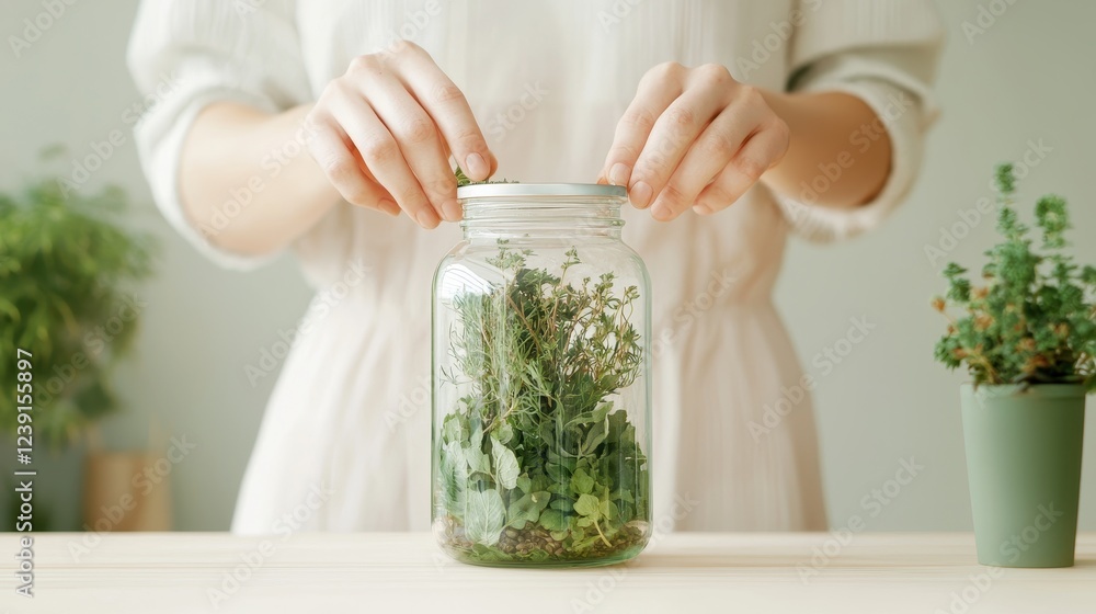 Woman Preparing Herbal Tonic with Fresh Mixed Herbs in a Glass Jar on a Light Table