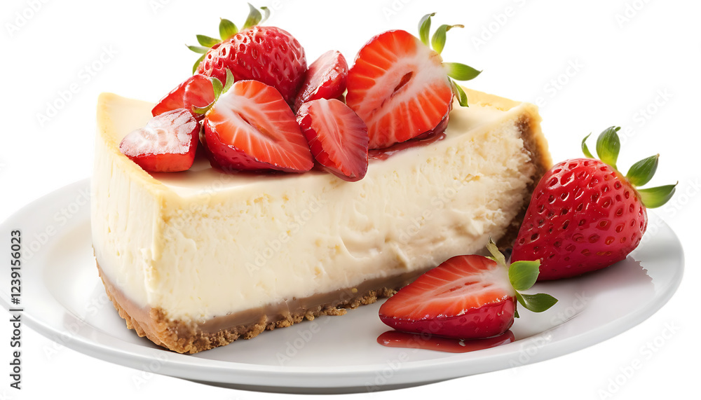 Cheesecake slice topped with fresh strawberries treat