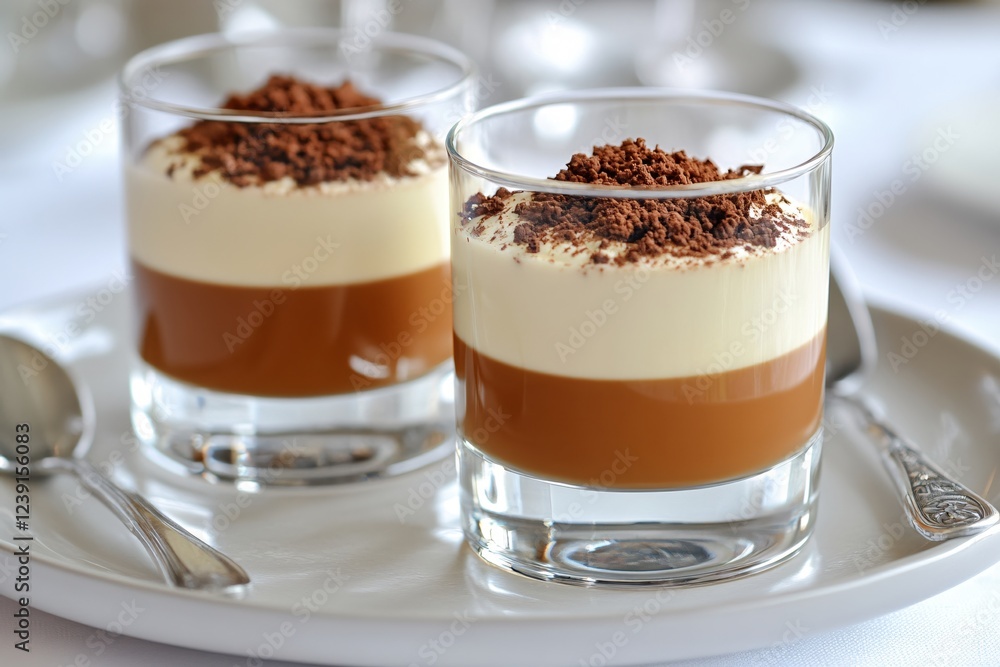 Two layered desserts in clear glasses with chocolate powder on a white surface in soft light Two layered desserts in clear glasses with chocolate powder on a white surface in soft light