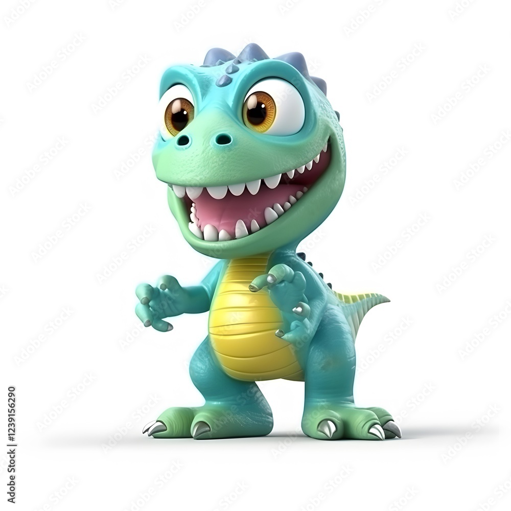 Playful cartoon dinosaur, white background, joyful expression, 3D render, children's book illustration Playful cartoon dinosaur, white background, joyful expression, 3D render, children's book illustration