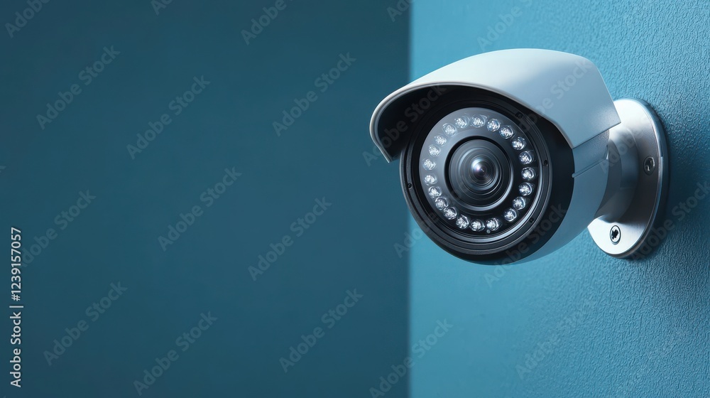 A sleek, modern security camera mounted on a blue wall, designed for surveillance and monitoring purposes. A sleek, modern security camera mounted on a blue wall, designed for surveillance and monitoring purposes.