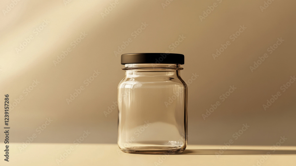 A simple glass jar with a black lid rests on a wooden table. The jar is empty and lacks a label, exuding a minimalist charm in the softly lit indoor space, emphasizing tranquility A simple glass jar with a black lid rests on a wooden table. The jar is empty and lacks a label, exuding a minimalist charm in the softly lit indoor space, emphasizing tranquility