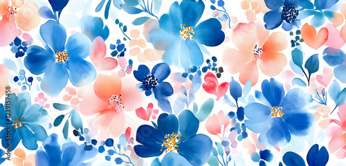 A vibrant watercolor pattern with blue and pink flowers, ideal for Valentinea??s Day or Christmas-themed banners and backgrounds.