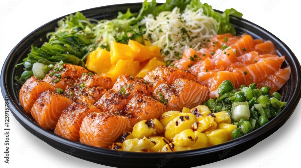 Delicious salmon poke bowl with fresh vegetables and fruits on black plate Delicious salmon poke bowl with fresh vegetables and fruits on black plate