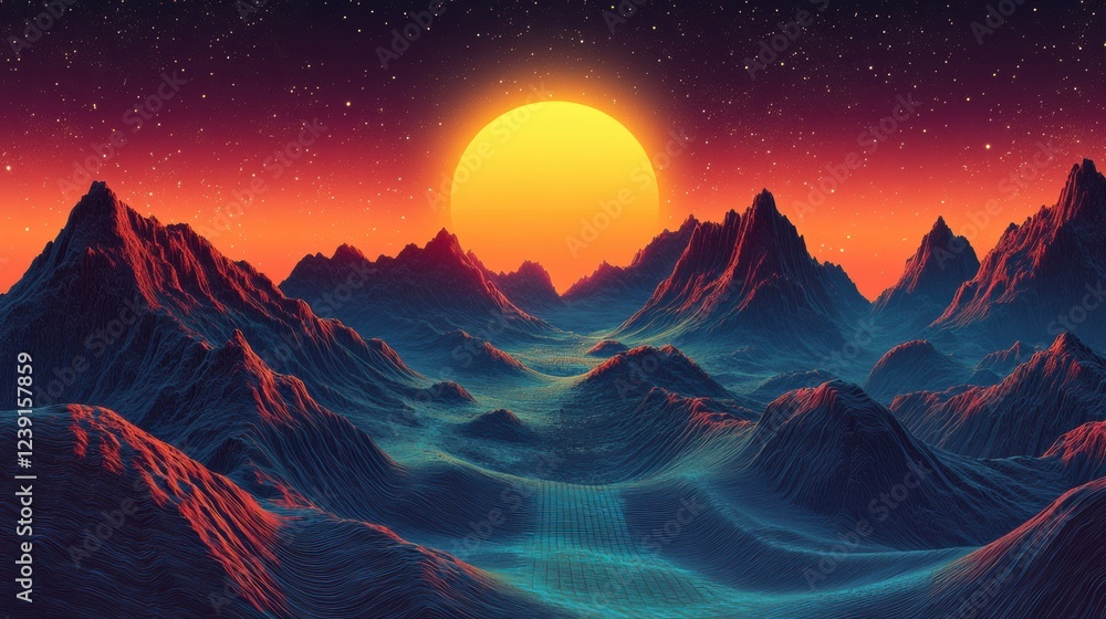 Vibrant sunrise over alien mountain landscape with starry sky and neon colors Vibrant sunrise over alien mountain landscape with starry sky and neon colors
