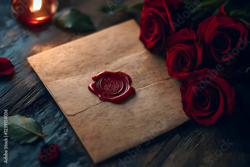 A vintage-style love letter, sealed with a red wax stamp, accompanied by a bouquet of deep red roses and soft lighting for a romantic feel.
