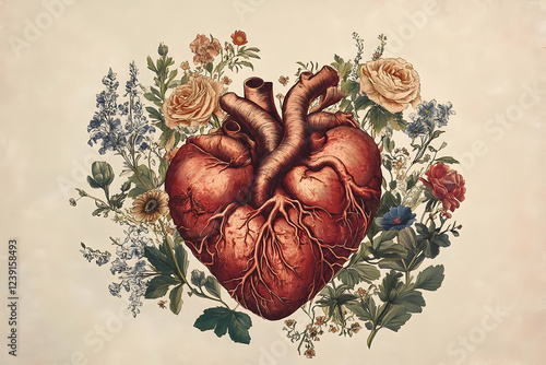 A vintage-style Valentine's Day card featuring an anatomical heart illustration, surrounded by delicate flowers and intricate details.