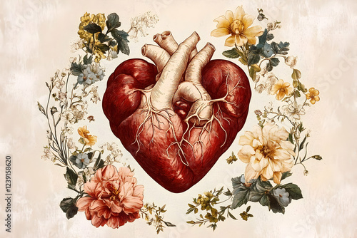 A vintage-style Valentine's Day card featuring an anatomical heart illustration, surrounded by delicate flowers and intricate details.