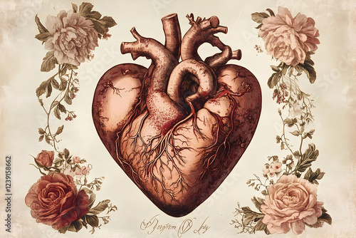 A vintage-style Valentine's Day card featuring an anatomical heart illustration, surrounded by delicate flowers and intricate details.