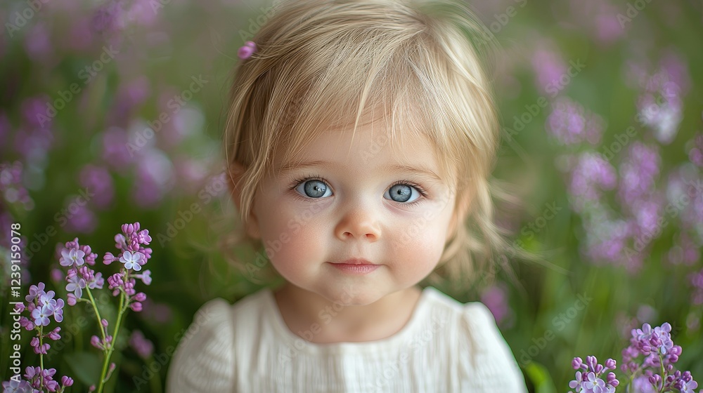 Adorable Toddler Girl Amidst Purple Flowers Adorable Toddler Girl Amidst Purple Flowers